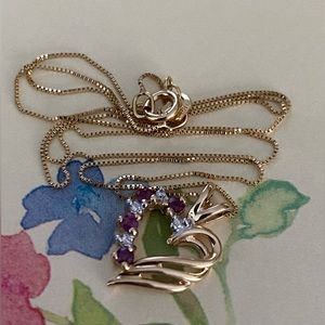 Solid 14K Yellow Gold Heart Rubies/4 Natural Diamonds Ladies Pendant & Necklace
